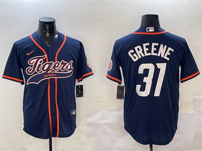 Mens Detroit Tigers #31 Riley Greene Navy With Patch Cool Base Stitched Jersey
